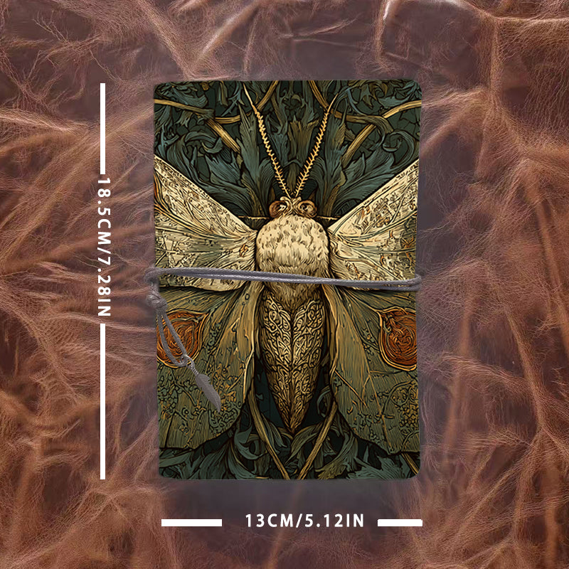 Handmade A6 Notebook, Metal Binder, 80 Sheets, Vintage Tether & Metal Pendant Closure, Office Conference Use with Moth with ornate wings an