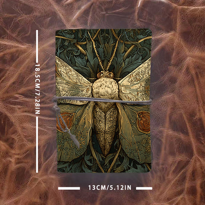 Handmade A6 Notebook, Metal Binder, 80 Sheets, Vintage Tether & Metal Pendant Closure, Office Conference Use with Moth with ornate wings an