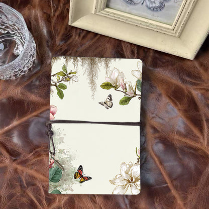 A6 Handmade Office Notebook, 80 Sheets, Metal Loose - leaf, Vintage Tether Closure w/ Pendant Deco with Magnolia flowers, leaves, butterfli