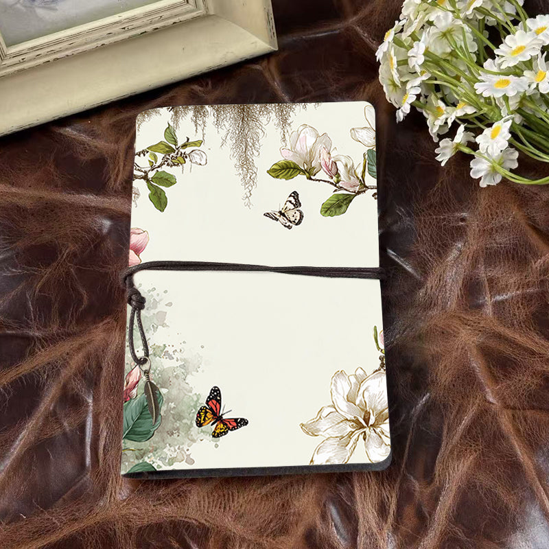 A6 Handmade Office Notebook, 80 Sheets, Metal Loose - leaf, Vintage Tether Closure w/ Pendant Deco with Magnolia flowers, leaves, butterfli