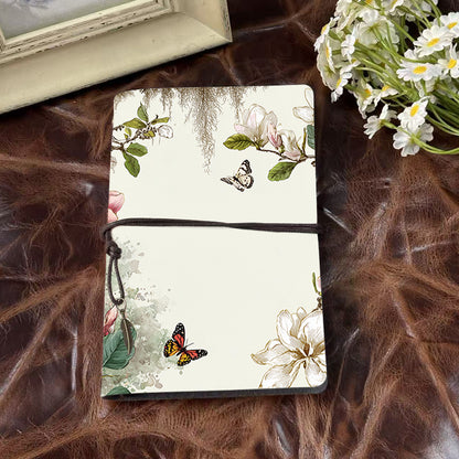 A6 Handmade Office Notebook, 80 Sheets, Metal Loose - leaf, Vintage Tether Closure w/ Pendant Deco with Magnolia flowers, leaves, butterfli