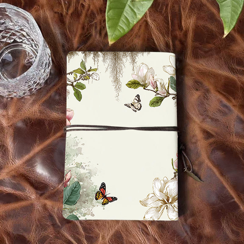 A6 Handmade Office Notebook, 80 Sheets, Metal Loose - leaf, Vintage Tether Closure w/ Pendant Deco with Magnolia flowers, leaves, butterfli