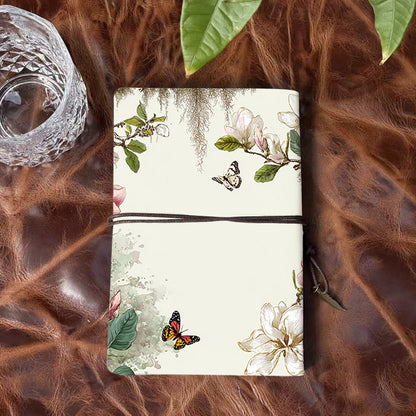 A6 Handmade Office Notebook, 80 Sheets, Metal Loose - leaf, Vintage Tether Closure w/ Pendant Deco with Magnolia flowers, leaves, butterfli