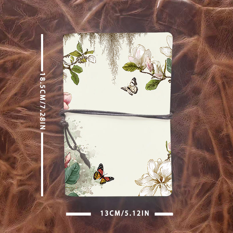 A6 Handmade Office Notebook, 80 Sheets, Metal Loose - leaf, Vintage Tether Closure w/ Pendant Deco with Magnolia flowers, leaves, butterfli