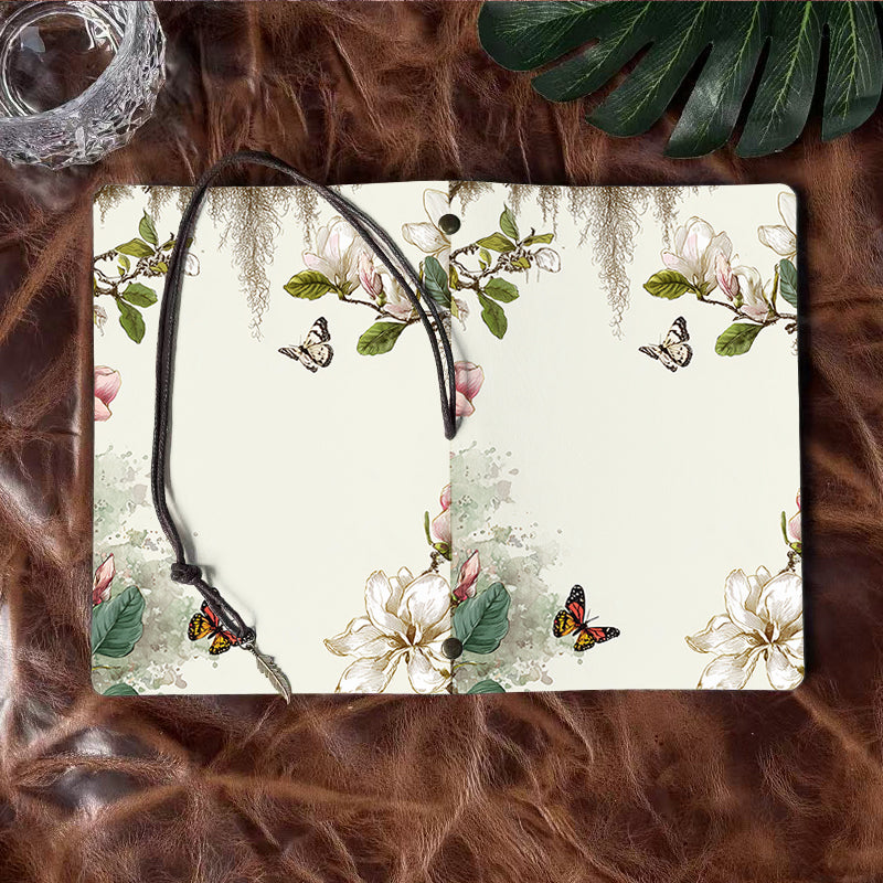 A6 Handmade Office Notebook, 80 Sheets, Metal Loose - leaf, Vintage Tether Closure w/ Pendant Deco with Magnolia flowers, leaves, butterfli