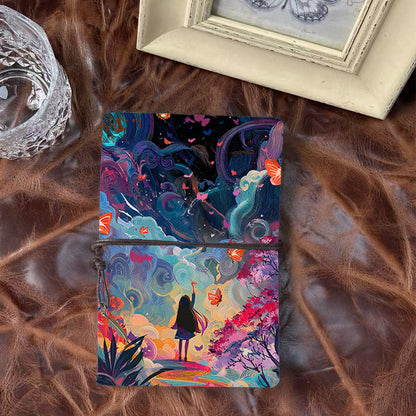 Handmade A6 Notebook - 80 Sheets, Metal Loose - leaf, Vintage Tether & Metal Pendant, Office Journal with Girl, butterflies, clouds, trees