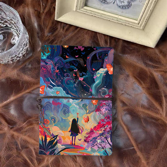 Handmade A6 Notebook - 80 Sheets, Metal Loose - leaf, Vintage Tether & Metal Pendant, Office Journal with Girl, butterflies, clouds, trees