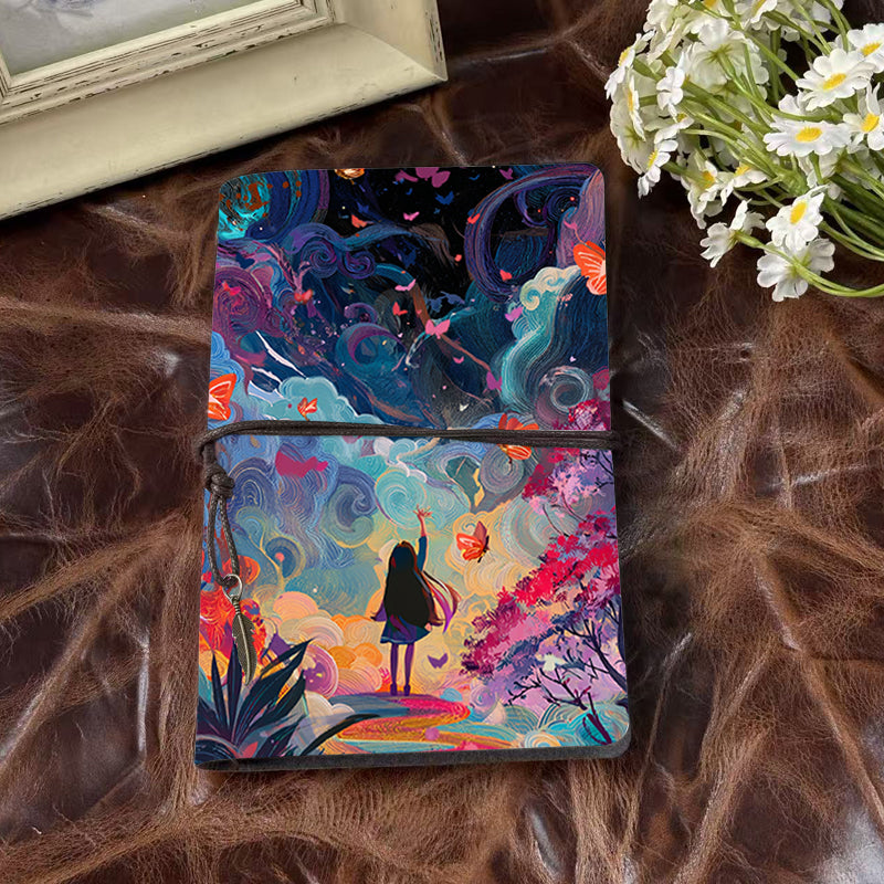 Handmade A6 Notebook - 80 Sheets, Metal Loose - leaf, Vintage Tether & Metal Pendant, Office Journal with Girl, butterflies, clouds, trees