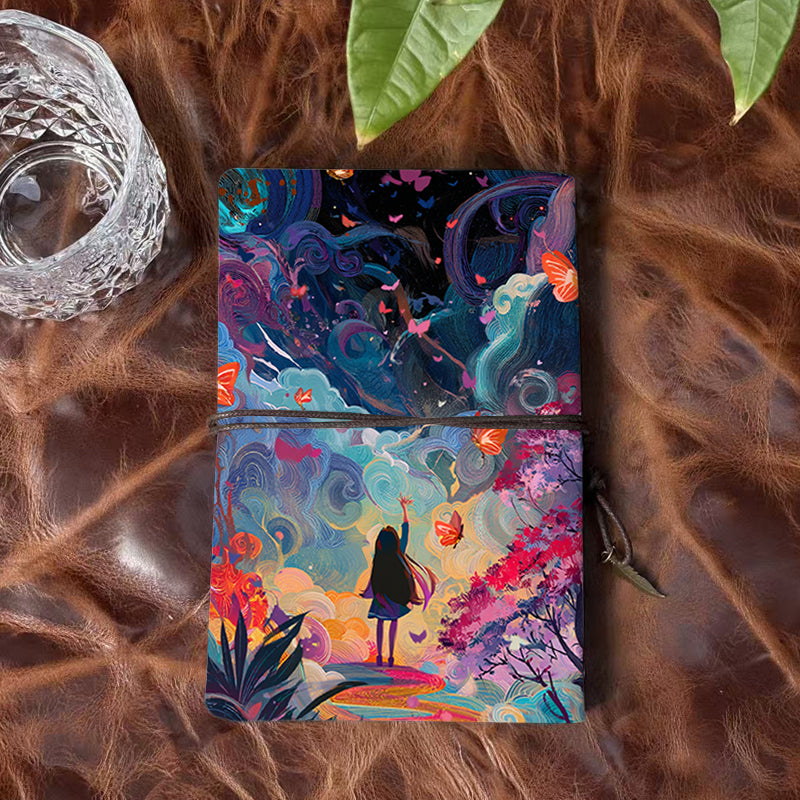 Handmade A6 Notebook - 80 Sheets, Metal Loose - leaf, Vintage Tether & Metal Pendant, Office Journal with Girl, butterflies, clouds, trees