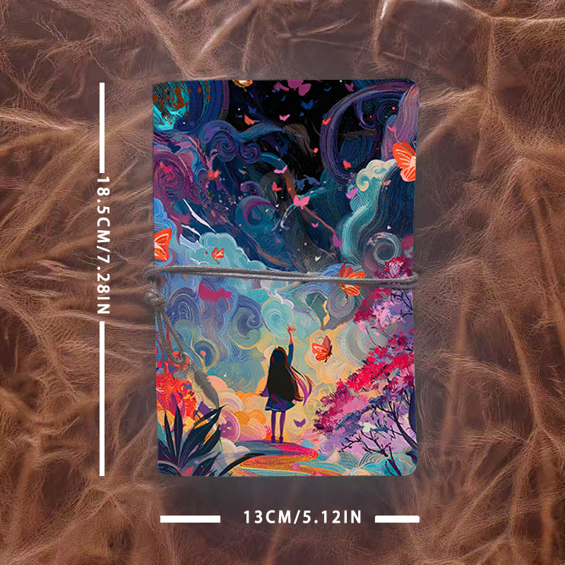 Handmade A6 Notebook - 80 Sheets, Metal Loose - leaf, Vintage Tether & Metal Pendant, Office Journal with Girl, butterflies, clouds, trees