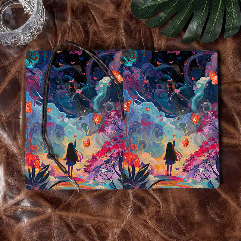 Handmade A6 Notebook - 80 Sheets, Metal Loose - leaf, Vintage Tether & Metal Pendant, Office Journal with Girl, butterflies, clouds, trees