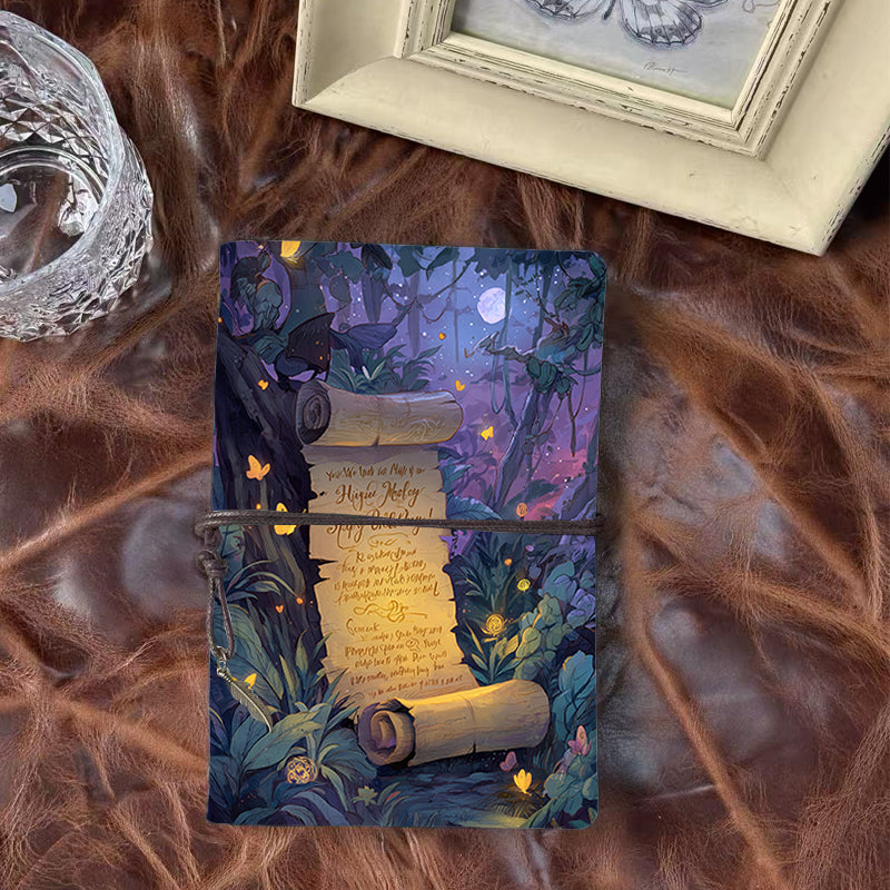 A6 Handmade Notebook, 160 Pages, Metal Loose - leaf, Vintage Tether Closure with Metal Pendant, Office Note - taking with Scroll, forest, m