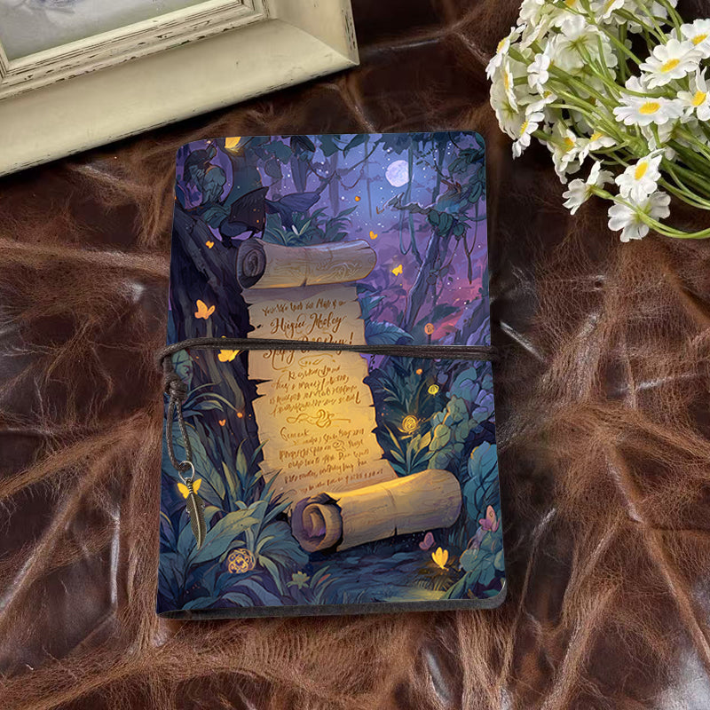 A6 Handmade Notebook, 160 Pages, Metal Loose - leaf, Vintage Tether Closure with Metal Pendant, Office Note - taking with Scroll, forest, m