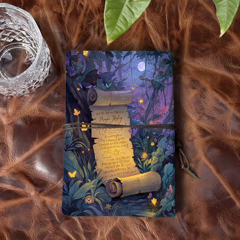 A6 Handmade Notebook, 160 Pages, Metal Loose - leaf, Vintage Tether Closure with Metal Pendant, Office Note - taking with Scroll, forest, m