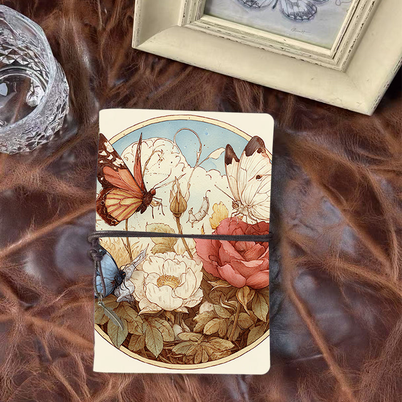 Handmade Office A6 Notebook, Metal Loose - leaf, 80 Sheets, Vintage Tether w/ Metal Pendant, Vintage Yellow Paper with Butterflies, roses,