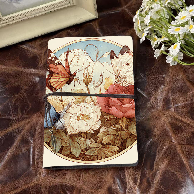 Handmade Office A6 Notebook, Metal Loose - leaf, 80 Sheets, Vintage Tether w/ Metal Pendant, Vintage Yellow Paper with Butterflies, roses,