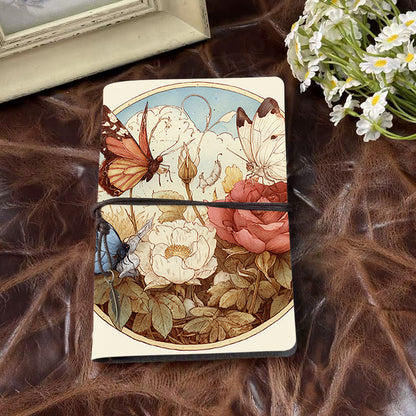 Handmade Office A6 Notebook, Metal Loose - leaf, 80 Sheets, Vintage Tether w/ Metal Pendant, Vintage Yellow Paper with Butterflies, roses,