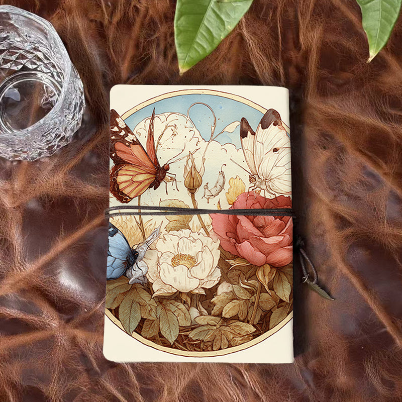 Handmade Office A6 Notebook, Metal Loose - leaf, 80 Sheets, Vintage Tether w/ Metal Pendant, Vintage Yellow Paper with Butterflies, roses,