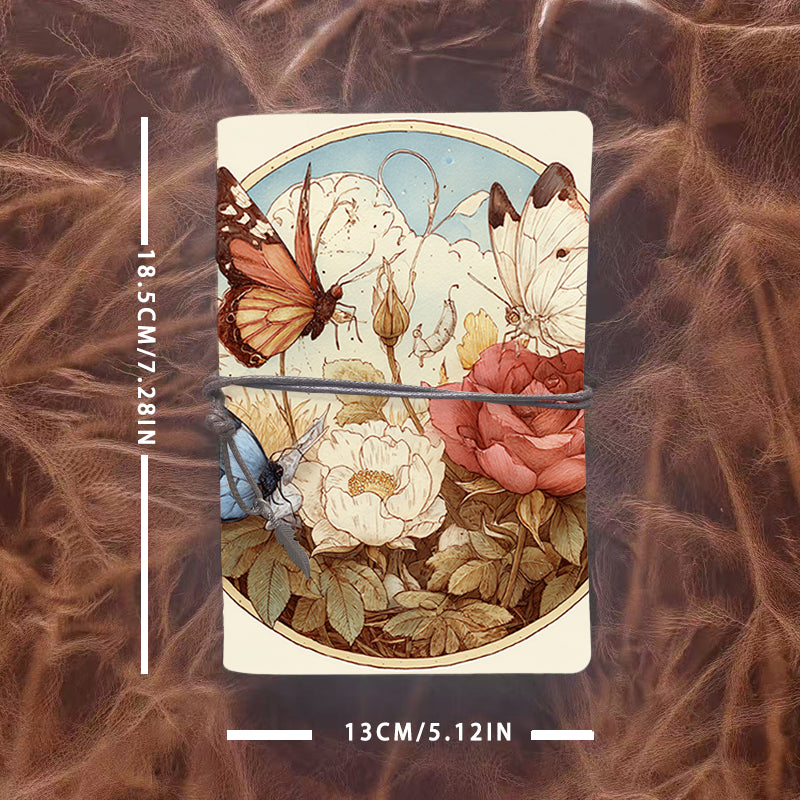 Handmade Office A6 Notebook, Metal Loose - leaf, 80 Sheets, Vintage Tether w/ Metal Pendant, Vintage Yellow Paper with Butterflies, roses,