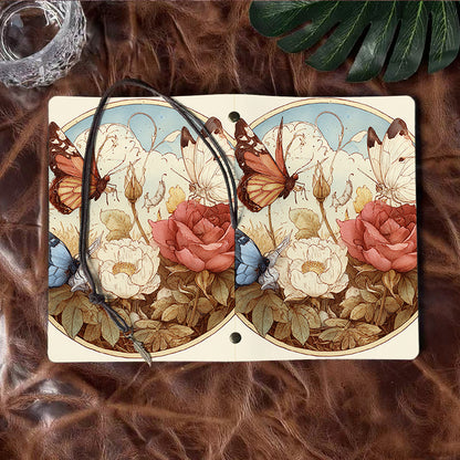 Handmade Office A6 Notebook, Metal Loose - leaf, 80 Sheets, Vintage Tether w/ Metal Pendant, Vintage Yellow Paper with Butterflies, roses,