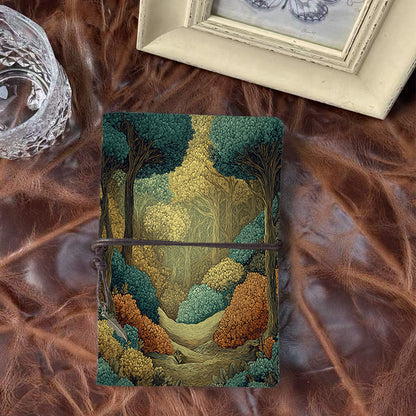 A6 Handmade Notebook with Vintage Metal Pendant, 80 Sheets, Loose - leaf, Tether Closure, Office Use with Trees, bushes, and forest path Pr