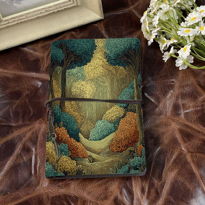 A6 Handmade Notebook with Vintage Metal Pendant, 80 Sheets, Loose - leaf, Tether Closure, Office Use with Trees, bushes, and forest path Pr