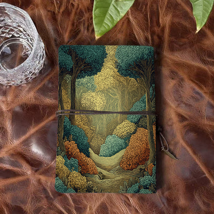 A6 Handmade Notebook with Vintage Metal Pendant, 80 Sheets, Loose - leaf, Tether Closure, Office Use with Trees, bushes, and forest path Pr