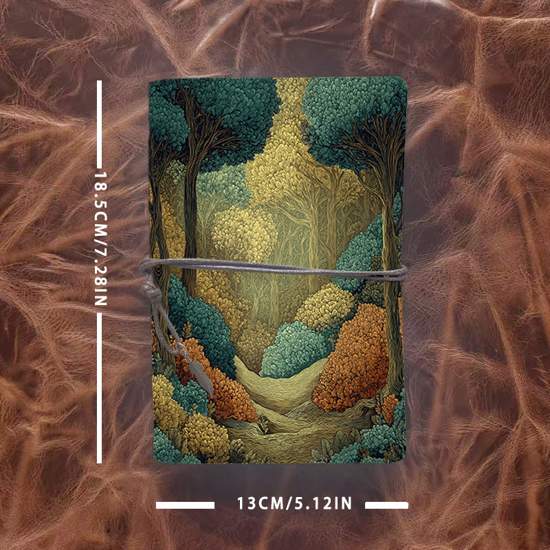 A6 Handmade Notebook with Vintage Metal Pendant, 80 Sheets, Loose - leaf, Tether Closure, Office Use with Trees, bushes, and forest path Pr