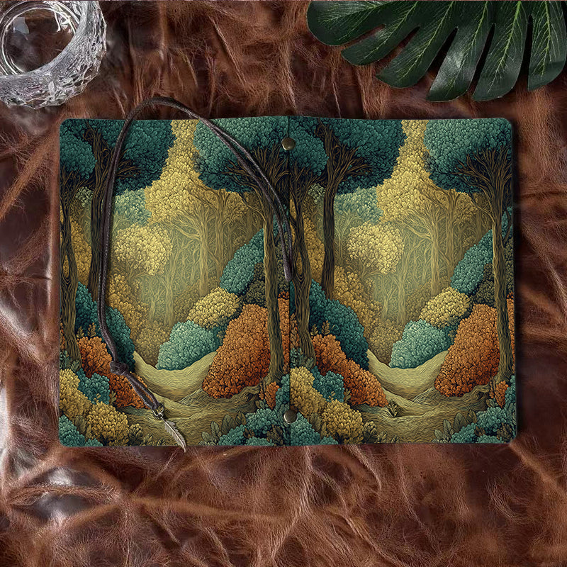 A6 Handmade Notebook with Vintage Metal Pendant, 80 Sheets, Loose - leaf, Tether Closure, Office Use with Trees, bushes, and forest path Pr