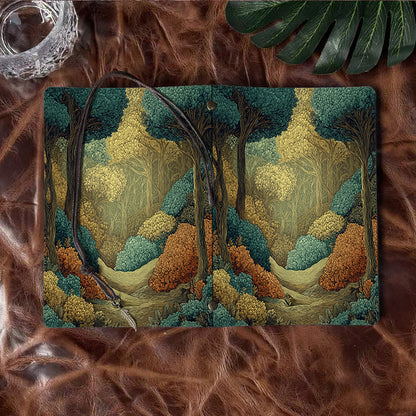 A6 Handmade Notebook with Vintage Metal Pendant, 80 Sheets, Loose - leaf, Tether Closure, Office Use with Trees, bushes, and forest path Pr