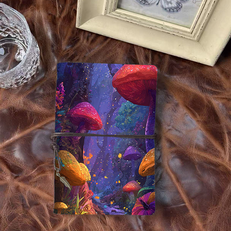 A6 Handmade Office Notebook, 160 Pages, Metal Loose - leaf, Vintage Tether Close w/ Metal Pendant with Mushrooms, forest, plants, sparkles