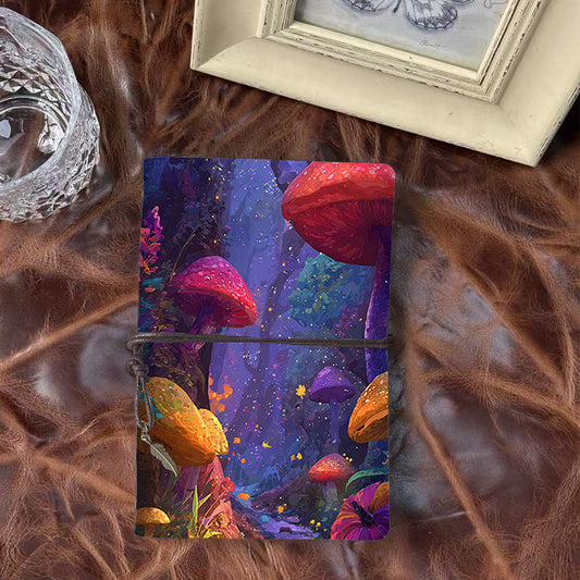 A6 Handmade Office Notebook, 160 Pages, Metal Loose - leaf, Vintage Tether Close w/ Metal Pendant with Mushrooms, forest, plants, sparkles