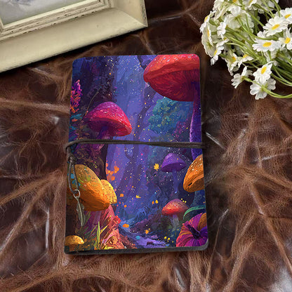 A6 Handmade Office Notebook, 160 Pages, Metal Loose - leaf, Vintage Tether Close w/ Metal Pendant with Mushrooms, forest, plants, sparkles