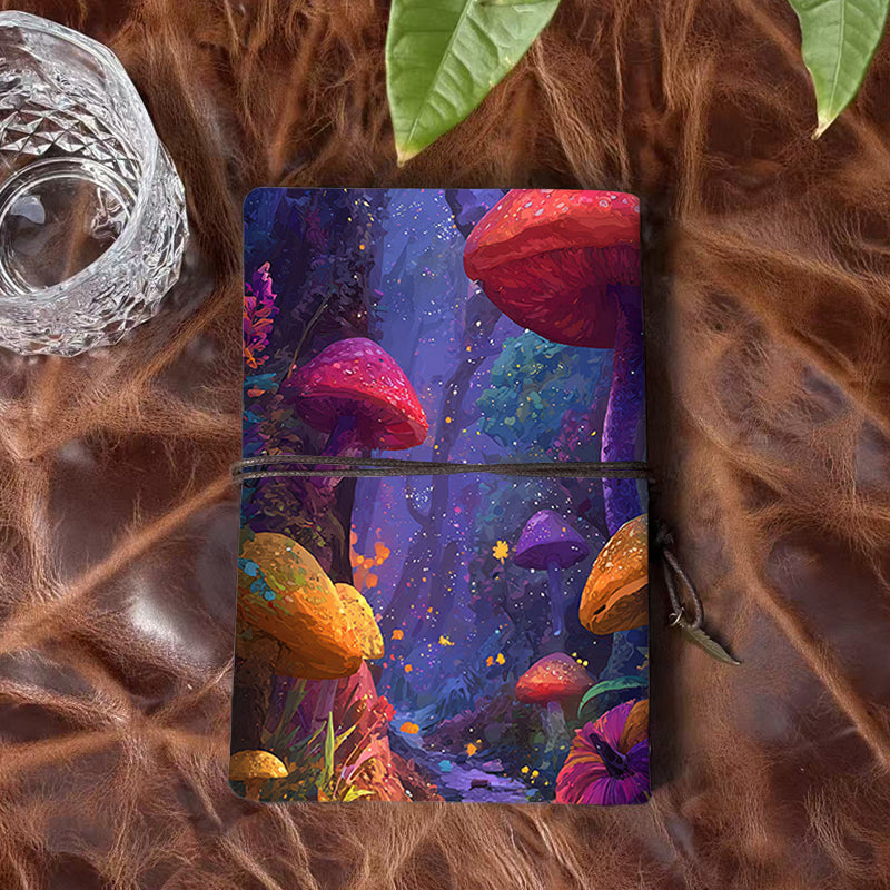 A6 Handmade Office Notebook, 160 Pages, Metal Loose - leaf, Vintage Tether Close w/ Metal Pendant with Mushrooms, forest, plants, sparkles