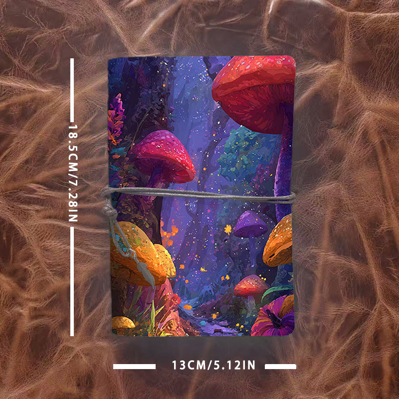 A6 Handmade Office Notebook, 160 Pages, Metal Loose - leaf, Vintage Tether Close w/ Metal Pendant with Mushrooms, forest, plants, sparkles