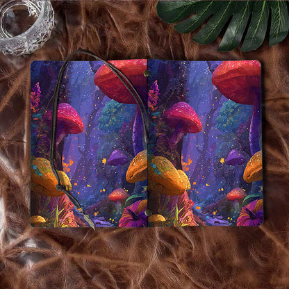 A6 Handmade Office Notebook, 160 Pages, Metal Loose - leaf, Vintage Tether Close w/ Metal Pendant with Mushrooms, forest, plants, sparkles