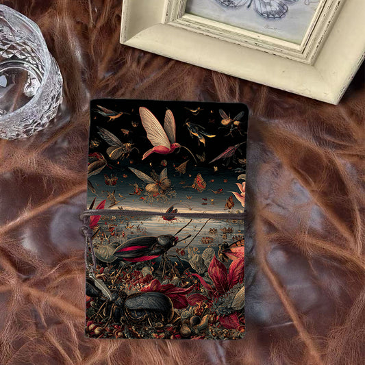 Handmade A6 Notebook - 80 Sheets, Metal Binder, Vintage Tether Closure with Metal Pendant, Ideal for Office Work with Insects, birds, flowe