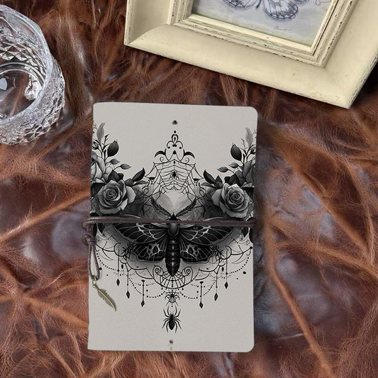 A6 Handmade Notebook, Metal Loose - leaf, 80 Sheets, Vintage Tether & Metal Pendant, Business Meeting Use with Moth, roses, spiders, web, o