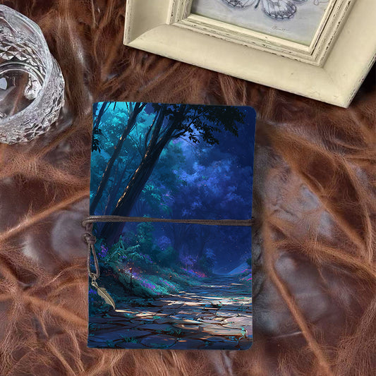 Handmade Office A6 Notebook, 80 Sheets, Metal Loose - leaf, Vintage Tether Closure w/ Pendant Design with Path, trees, flowers, night - tim