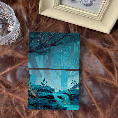 A6 Handmade Notebook with Metal Loose - leaf, 160 Pages, Vintage Tether & Metal Pendant, Office Memos with Trees, plants, stream, and glowi
