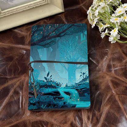 A6 Handmade Notebook with Metal Loose - leaf, 160 Pages, Vintage Tether & Metal Pendant, Office Memos with Trees, plants, stream, and glowi