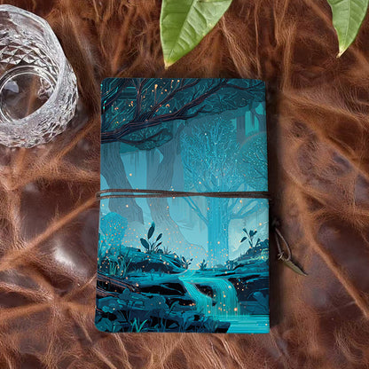 A6 Handmade Notebook with Metal Loose - leaf, 160 Pages, Vintage Tether & Metal Pendant, Office Memos with Trees, plants, stream, and glowi
