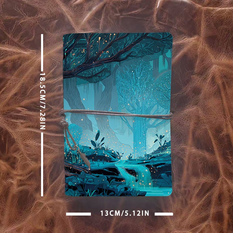 A6 Handmade Notebook with Metal Loose - leaf, 160 Pages, Vintage Tether & Metal Pendant, Office Memos with Trees, plants, stream, and glowi