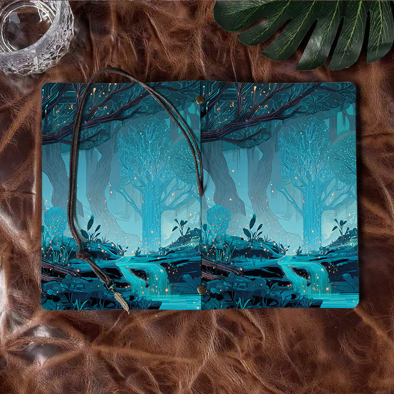 A6 Handmade Notebook with Metal Loose - leaf, 160 Pages, Vintage Tether & Metal Pendant, Office Memos with Trees, plants, stream, and glowi