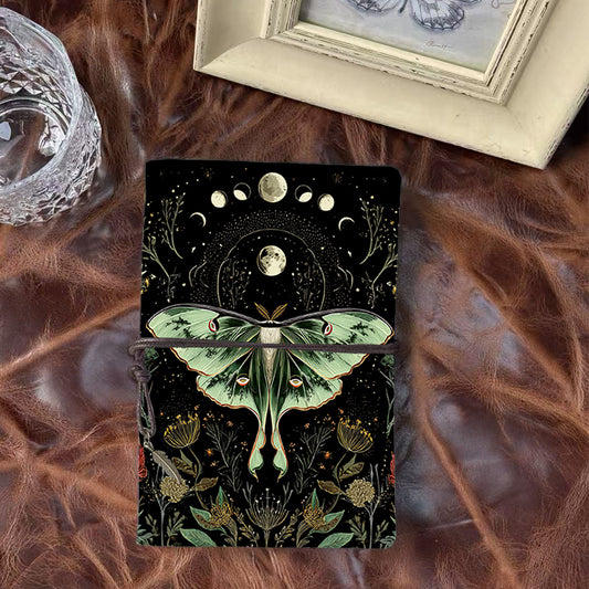 Handmade A6 Notebook, Metal Binder, 80 Sheets, Vintage Tether Closure w/ Metal Pendant, Office Conference Notes with Moth, moon phases, flo
