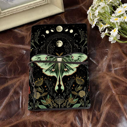 Handmade A6 Notebook, Metal Binder, 80 Sheets, Vintage Tether Closure w/ Metal Pendant, Office Conference Notes with Moth, moon phases, flo