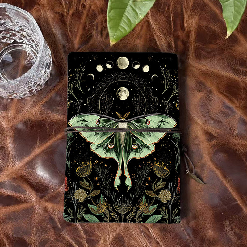 Handmade A6 Notebook, Metal Binder, 80 Sheets, Vintage Tether Closure w/ Metal Pendant, Office Conference Notes with Moth, moon phases, flo