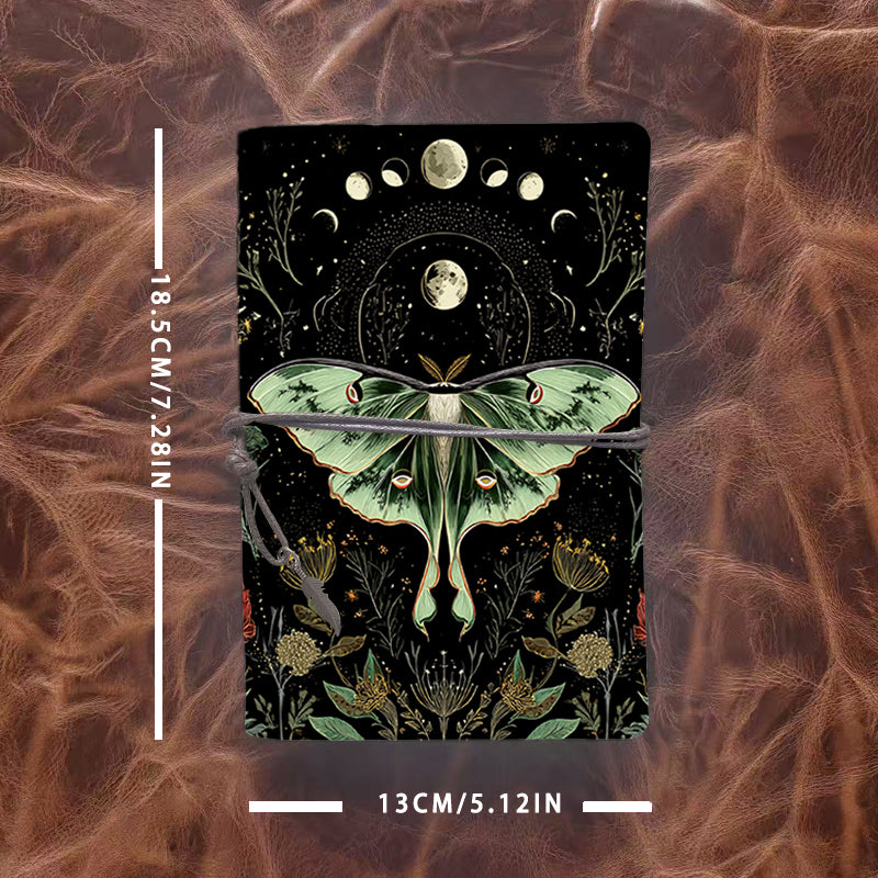 Handmade A6 Notebook, Metal Binder, 80 Sheets, Vintage Tether Closure w/ Metal Pendant, Office Conference Notes with Moth, moon phases, flo