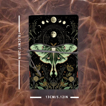 Handmade A6 Notebook, Metal Binder, 80 Sheets, Vintage Tether Closure w/ Metal Pendant, Office Conference Notes with Moth, moon phases, flo