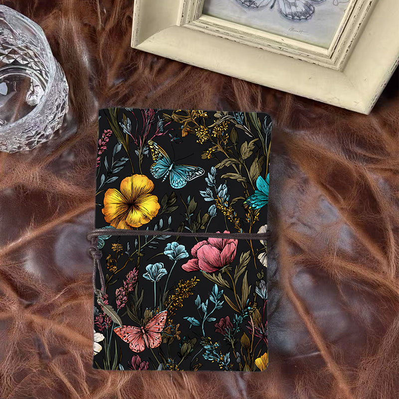 A6 Handmade Office Notebook, 80 Sheets, Metal Loose - leaf, Vintage Tether & Metal Pendant, Vintage Yellow Paper with Butterflies, flowers